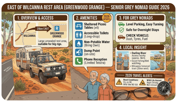East of Wilcannia Rest Area Greenwood Grange on the Barrier Highway NSW at sunset