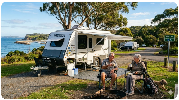 Eden rest areas map and guide showing Princes Highway coastal route, nearby facilities, and overnight stop options for senior grey nomads travelling the far South Coast of NSW in 2026