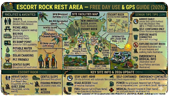 Escort Rock Rest Area along Escort Way west of Parkes NSW showing sealed parking area and heritage signage for grey nomad travelers