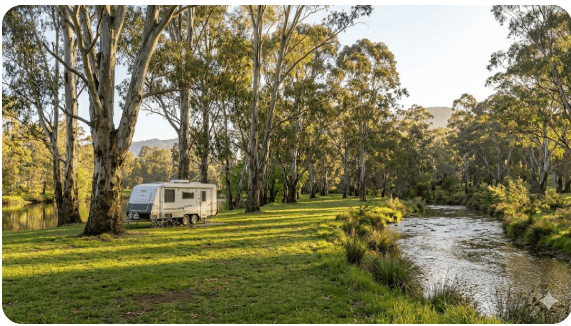 Euroa rest area at Seven Creeks Reserve on the Hume Freeway at Euroa VIC 3666 — senior grey nomad guide 2026 showing a peaceful free camping area beside a tree-lined creek suitable for caravans motorhomes and campervans on the southbound Victorian grey nomad route to Melbourne