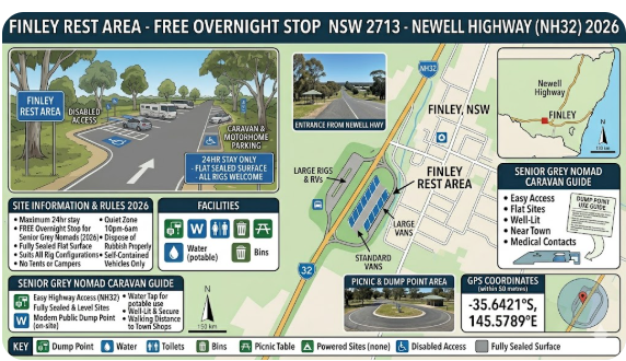 Finley Rest Area on the Newell Highway in Finley NSW 2713 — free 24-hour overnight stop for senior grey nomads travelling by caravan or motorhome in 2026, showing flat sealed surface and highway access suitable for all van configurations