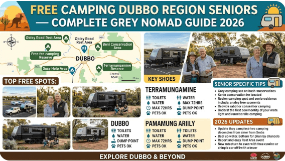 The most complete free camping guide for seniors and grey nomads visiting the Dubbo region of Central NSW in 2026, covering rest areas, GPS coordinates, road conditions, fuel stops, dump points, accessibility and more.