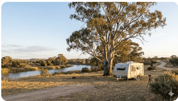Wide landscape photograph of a caravan parked at a peaceful NSW rest area beside a river red gum tree, golden afternoon light, flat grassed area, pale blue sky, Australian outback
