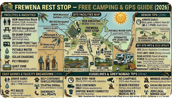 Frewena Rest Stop GPS guide 2026 — free overnight stop on the Barkly Highway NT. Fuel distances, road conditions, facilities & senior caravan tips covered.