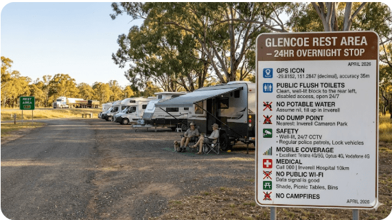 Glencoe Rest Area free camping guide 2026 with NSW GPS, dump point, water, toilets, safety and medical info for senior grey nomads.
