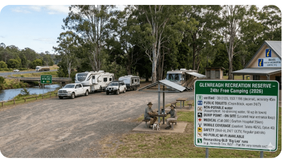 Glenreagh Recreation Reserve free camping guide 2026 with GPS, toilets, water, dump point planning and senior grey nomad travel information in NSW.