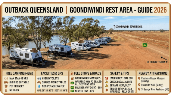 Goondiwindi Rest Area is one of the most popular overnight stops for senior grey nomads travelling the Bruxner Highway and Newell Highway corridor in southern Queensland