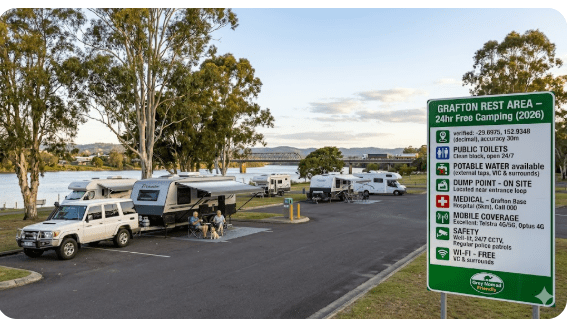 Grafton Rest Area free camping guide 2026 with GPS, toilets, water, dump point advice, safety and medical info for senior grey nomads in NSW
