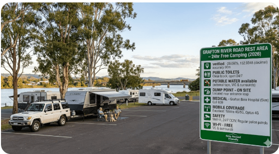 Grafton River Road Rest Area free camping guide 2026 with GPS, toilets, dump point notes, safety and medical info for senior grey nomads in NSW.