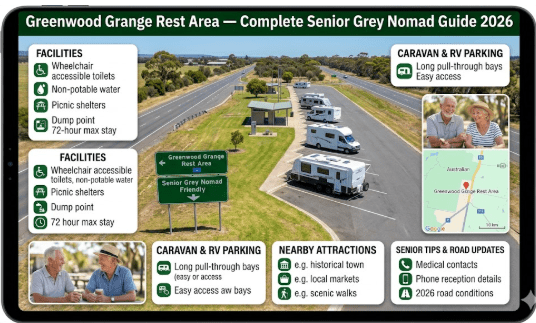 Greenwood Grange Rest Area on the Burnett Highway near Mundubbera Queensland — eucalyptus shade trees and parking bays for grey nomads