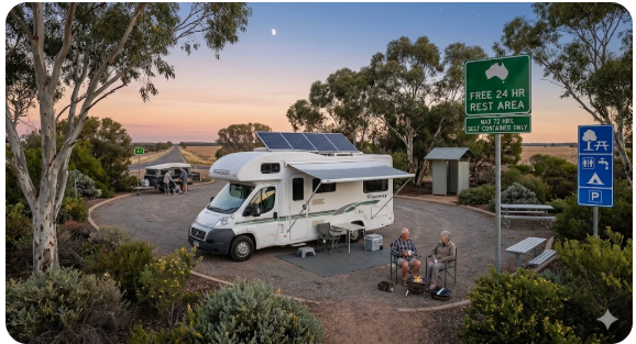Grey nomad campervan parked legally overnight at an Australian rest area - sleeping in a campervan in Australia rules 2026