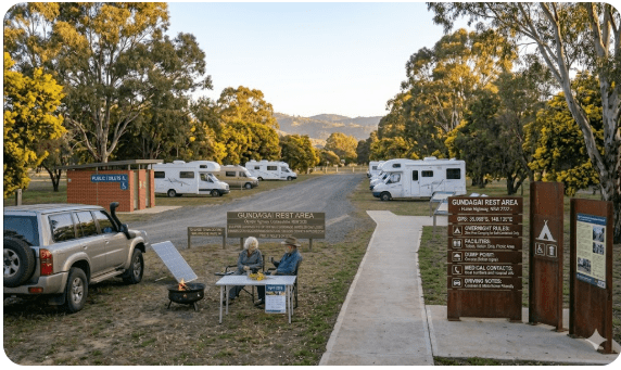 Gundagai Rest Area on the Hume Highway NSW 2722 — free overnight stop for senior grey nomads travelling the Sydney to Melbourne corridor, April 2026