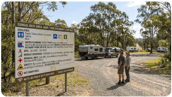 Gungal Rest Area free camping guide 2026 NSW GPS, dump point, water, toilets, safety and medical info for senior grey nomads.