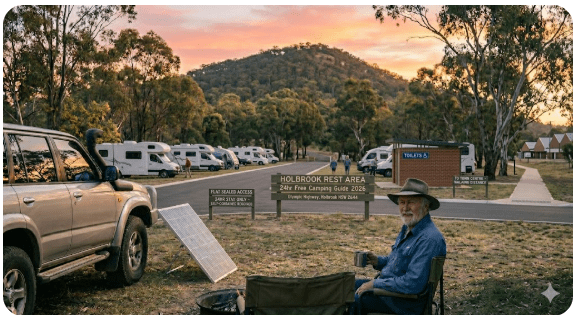 Holbrook Rest Area on the Olympic Highway in Holbrook NSW 2644, a free 24-hour overnight stop for senior grey nomads travelling by caravan or motorhome in 2026 — flat sealed access, toilets on-site, and walking distance to Holbrook town centre