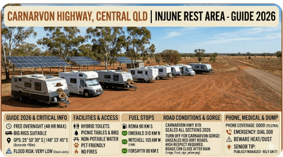 Injune Rest Area is one of the most convenient and genuinely senior-friendly free overnight stops on the Carnarvon Highway in central Queensland.