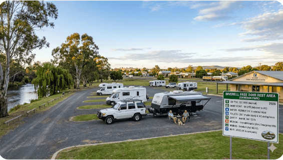 Inverell Rest Area free camping guide 2026 with GPS, dump point, water, toilets, safety and medical info for senior grey nomads in NSW.