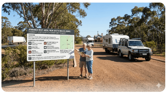 Complete 2026 guide to Jennings Rest Area NSW with GPS, toilets, water reality, dump point planning, safety, medical contacts, nearby Wi-Fi options and practical advice for senior grey nomads.