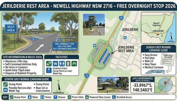 Jerilderie Rest Area on the Newell Highway NSW 2716 — free overnight stop for senior grey nomads in caravans and motorhomes, 2026 guide with GPS coordinates within 50 metres at -33.8967 148.5483