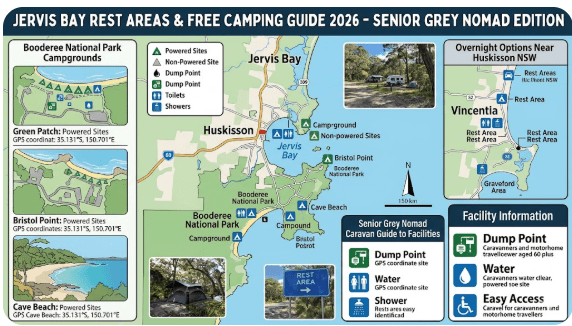 Jervis Bay rest areas and free camping guide 2026 — senior grey nomad caravan guide to Booderee National Park campgrounds, Green Patch powered sites and overnight options near Huskisson NSW, with GPS coordinates and facility information for caravanners and motorhome travellers aged 60 plus.