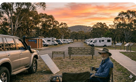 Junee Rest Area on the Olympic Highway in Junee NSW 2663, a free 24-hour overnight stop for senior grey nomads travelling by caravan or motorhome in 2026 — flat access, toilets on-site, walking distance to the Junee Roundhouse Railway Museum, Broadway Street heritage precinct, and the Junee Licorice and Chocolate Factory.