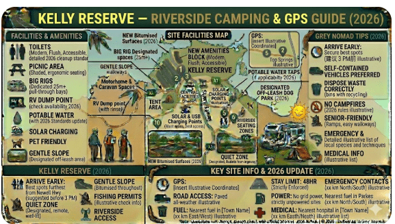 Kelly Reserve riverside camping area near Parkes NSW showing grassy sites and Bogan River access for grey nomad caravans
