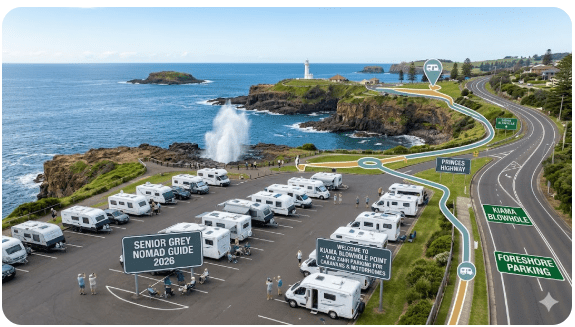 Kiama foreshore rest area and Blowhole Point parking area on the NSW South Coast 2533 — senior grey nomad guide 2026 showing the coastal parking area with ocean views, Kiama Blowhole headland and the Princes Highway approach suitable for caravans and motorhomes