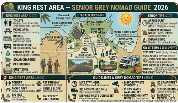 King Rest Area on the Stuart Highway NT — GPS, overnight rules, fuel stops, heat safety tips, and facilities guide for senior grey nomads in 2026.
