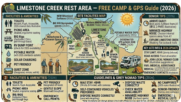 Limestone Creek Rest Area NT — free overnight stop on the Victoria Highway with GPS coordinates, fuel stops, road conditions and senior safety tips for 2026.