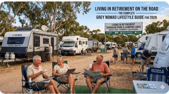 Grey nomad couple living in retirement on the road, travelling Australia in a campervan or motorhome, parked in a scenic outback or coastal setting, representing the grey nomad lifestyle and full-time van life travel in 2026.