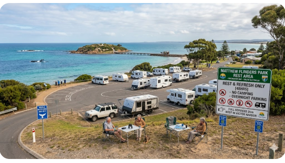 Matthew Flinders Park Rest Area Encounter Bay SA 5211 — coastal foreshore stop for senior grey nomads with views across Encounter Bay toward Granite Island Victor Harbor