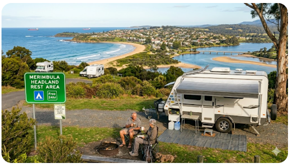 Merimbula rest areas map and guide showing Sapphire Coast location, Princes Highway access, nearby facilities, and overnight stop options for senior grey nomads travelling the NSW South Coast in 2026