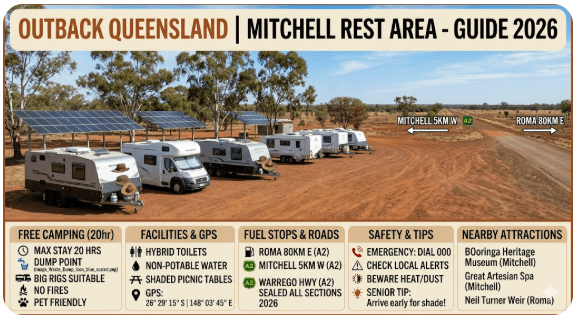 Mitchell Rest Area sits on the Warrego Highway in Queensland's Maranoa region — a critical overnight stop for thousands of grey nomads travelling between Brisbane and outback Queensland