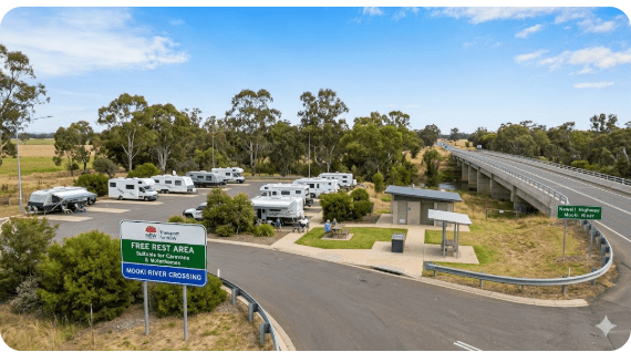 A free roadside rest area on the Newell Highway at the Mooki River crossing, near Quirindi, NSW. Managed by Transport for NSW. Suitable for caravans and motorhomes.