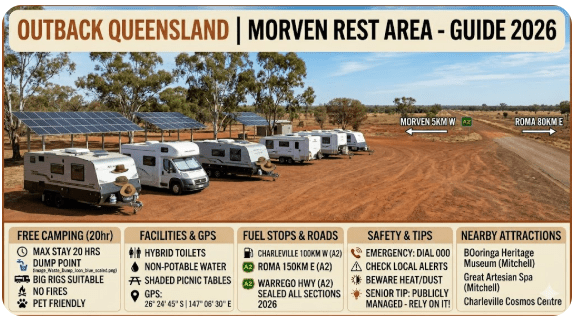 Morven Rest Area is one of the most convenient overnight stops for senior grey nomads travelling the Warrego Highway