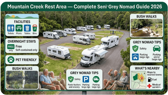 Complete 2026 guide to Mountain Creek Rest Area on the Newell Highway near Dubbo NSW — facilities, overnight rules, fuel stops, dump points, free camps, senior accessibility, GPS coordinates and everything grey nomads need to know.