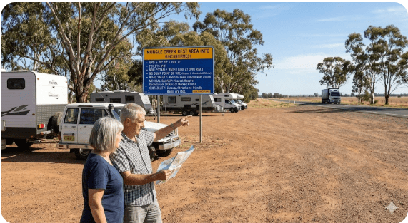 Mungle Creek Rest Area is one of those practical overnight stops many grey nomads look for when planning long regional runs through New South Wales.