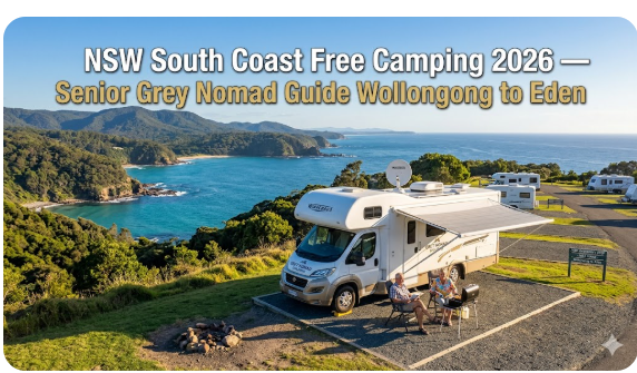 NSW South Coast free camping map from Wollongong to Eden showing coastal route, rest areas, overnight stops, and facilities for senior grey nomads travelling the New South Wales coastline in 2026