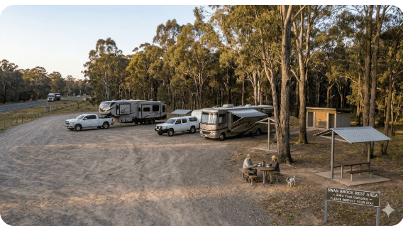Quiet 24‑hour rest area on the New England Highway between Inverell and Glen Innes with shade, picnic tables, and space for caravans and big rigs.