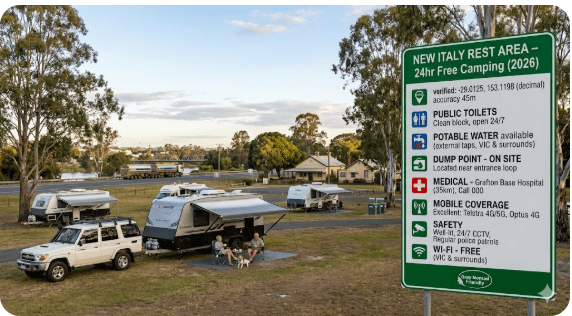 New Italy Rest Area free camping guide 2026. NSW GPS, toilets, water, dump point planning, safety and medical info for senior grey nomads.