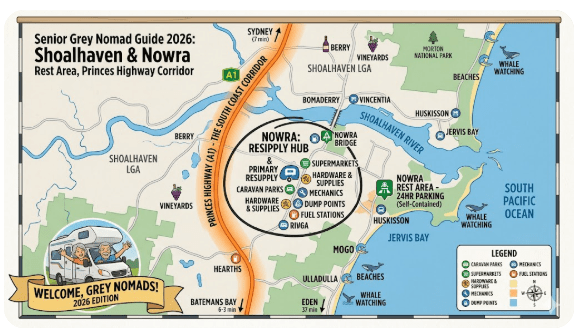 Nowra rest area on the Princes Highway at Nowra NSW 2541 — senior grey nomad guide 2026 showing the Princes Highway corridor through Nowra as the primary resupply hub on the NSW South Coast route for caravans, motorhomes and campervans, with the Shoalhaven River and surrounding Shoalhaven LGA visible