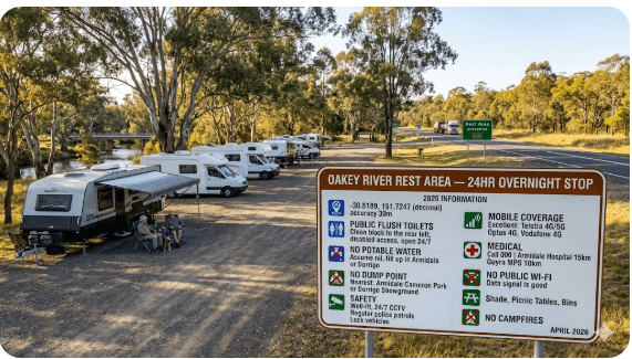 Oakey River Rest Area free camping guide 2026 with NSW GPS, dump point, water, toilets, safety and medical info for senior grey nomads.