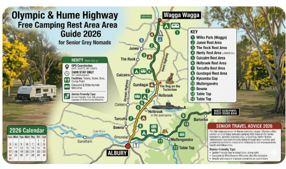 Olympic Highway and Hume Highway free camping rest area guide for senior grey nomads 2026 — complete corridor map from Wagga Wagga to Albury NSW showing 12 overnight stops for caravans and motorhomes
