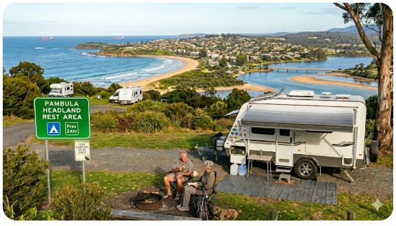 Pambula rest area guide showing Princes Highway location near the Sapphire Coast, nearby facilities, and overnight stop options for senior grey nomads travelling the NSW South Coast in 2026