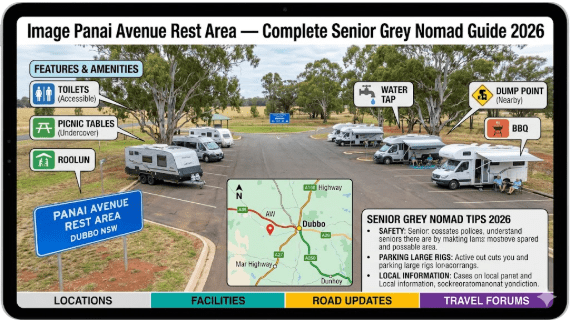 Complete 2026 guide to Panai Avenue Rest Area near Dubbo NSW covering facilities, overnight rules, road conditions, fuel stops, dump points, free camps and senior safety tips for grey nomads