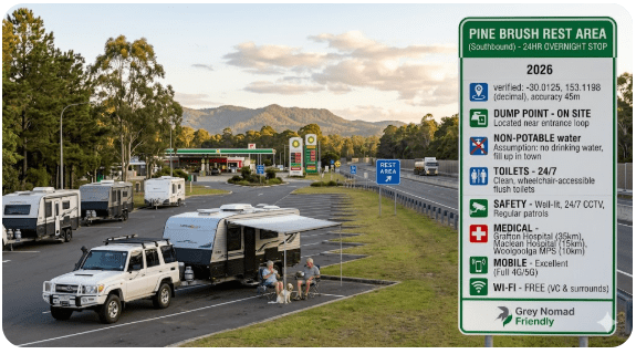 Suggested featured image alt text: Pine Brush Rest Area (Southbound) free camping guide 2026 NSW GPS toilets water safety for senior grey nomads.