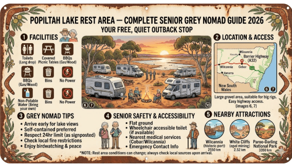 Popiltah Lake Rest Area on the Silver City Highway between Broken Hill and Menindee NSW — flat outback lake bed with red soil and blue sky