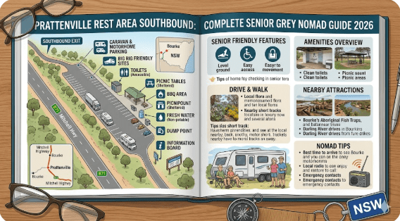 Prattenville Rest Area southbound on Mitchell Highway NSW", "grey nomad caravan at southbound rest area south of Bourke", "Mitchell Highway open plains south of Bourke NSW", "pit toilet outback rest area NSW", "wedge-tailed eagle Mitchell Highway outback NSW"