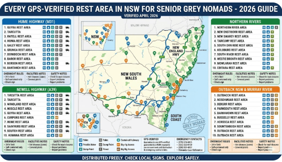Every GPS-verified rest area in NSW for senior grey nomads 2026 — Hume Highway, Newell Highway, New England, Northern Rivers, South Coast, Outback NSW and Murray River. Overnight rules, facilities and safety notes. Verified April 2026.