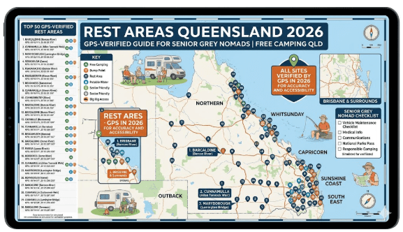 Rest Areas Queensland 2026 guide showing GPS verified free camping locations across Queensland for senior grey nomads, including highway stops, outback camps, facilities, and travel routes across regional and remote QLD