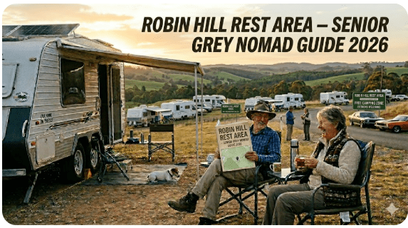 Robin Hill Rest Area NSW, quiet roadside stop with gravel parking, shade trees, and space for caravans and grey nomads along the highway